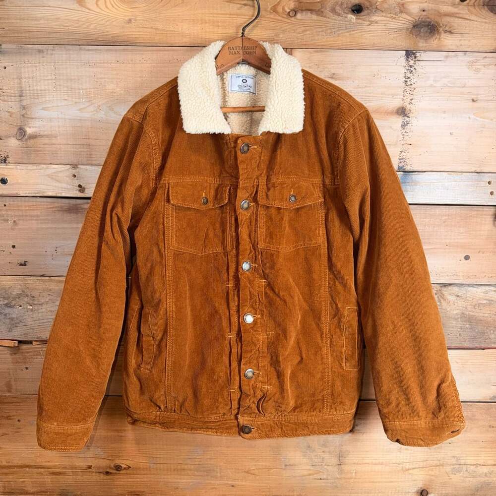 Simple Design Corduroy Sherpa Fleece Lined Jacket Brown Size M